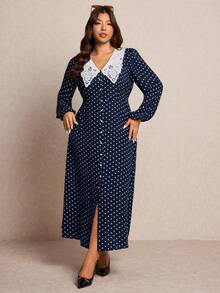 Elaquor Vestido Elegante com Estampa de Bolinhas Dividido, Plus Size, Primavera/Outono - Azul Marinho - Visão 5
