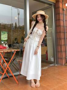 DAZY 女士纯色吊带背心和休闲半裙两件套，夏季波西米亚风度假装 - 白色 - 查看 8