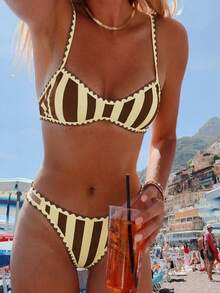SHEIN Swim Mod 2pcs/Set Women's Fashionable Cute Vacation Sexy Beach/Pool Party Striped Print Ruffled Adjustable Thick Strap Crop Top And Double Waist Tie Bikini Swimwear Set Womans Bikini Sets - Multicolor - View 1
