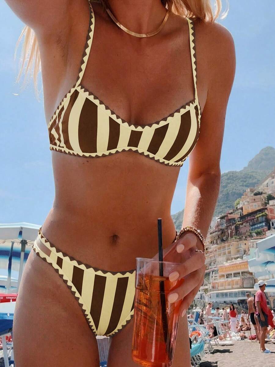 SHEIN Swim Mod 2pcs/Set Women's Fashionable Cute Vacation Sexy Beach/Pool Party Striped Print Ruffled Adjustable Thick Strap Crop Top And Double Waist Tie Bikini Swimwear Set Womans Bikini Sets - Multicolor - View 1