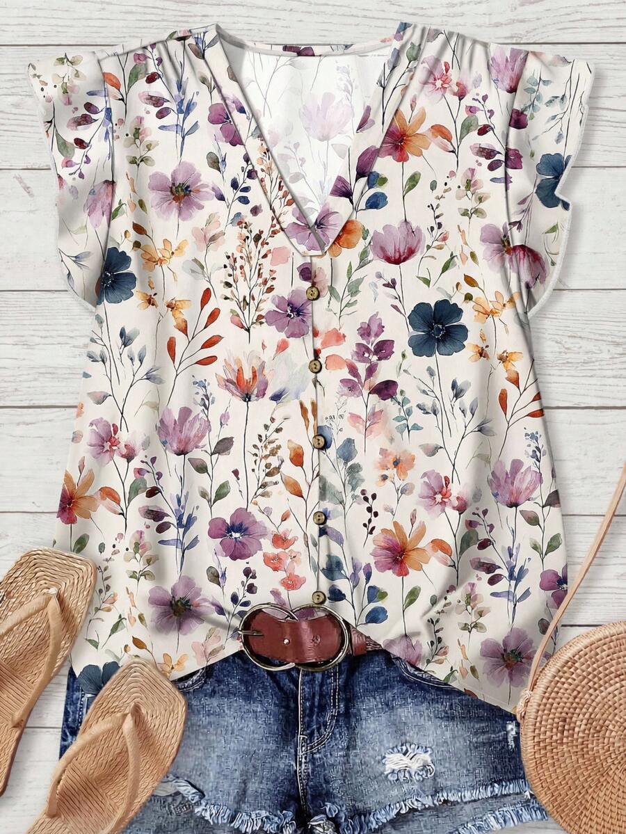 Rusticease Áo sơ mi nữ họa tiết hoa, kiểu dáng thường ngày, thích hợp cho mùa hè. - Nhiều màu - Xem 1