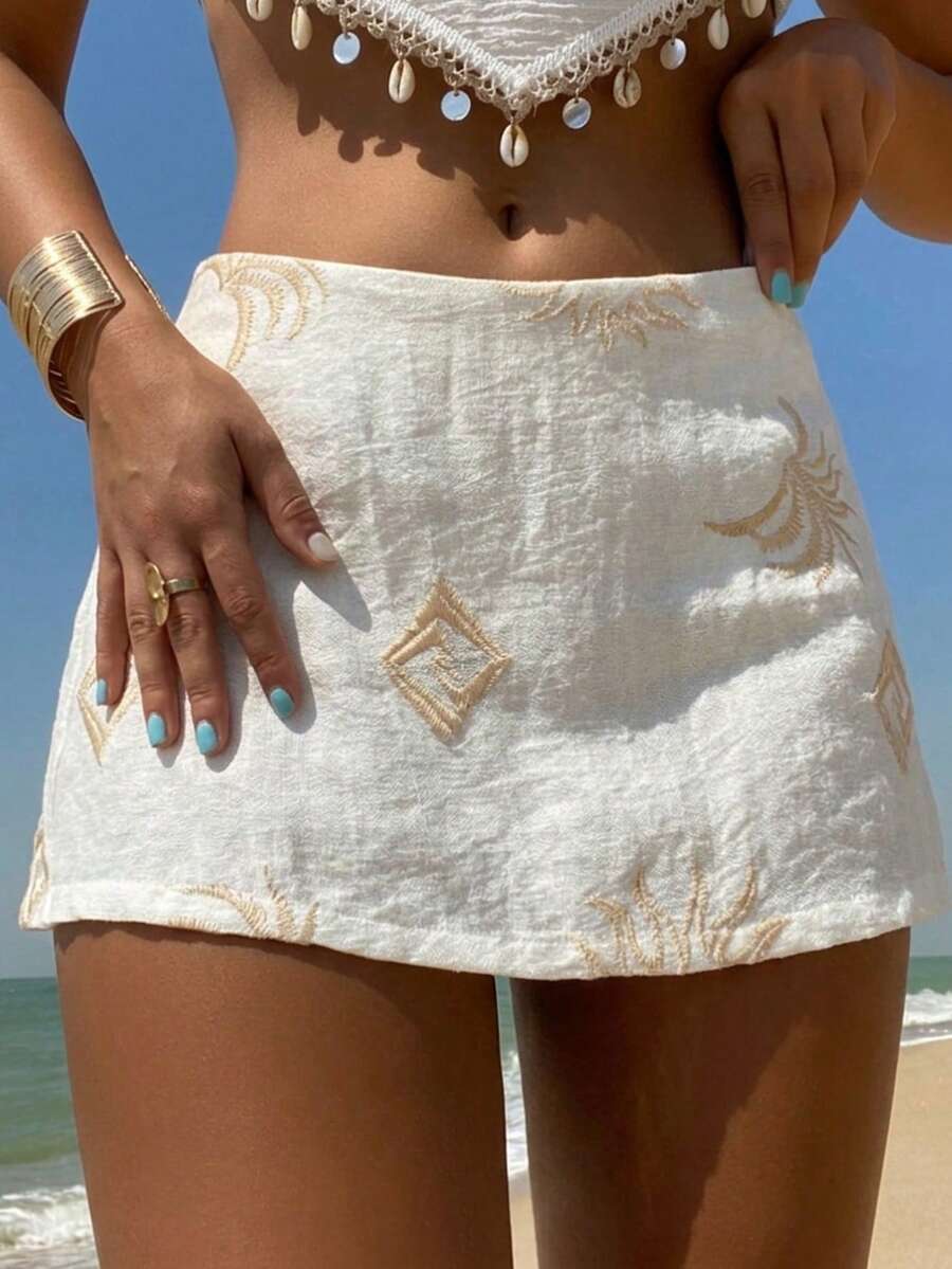 Aloruh Quần short mùa hè dễ thương, váy ngắn in họa tiết, quần short đi biển, váy lót chống hở hang, chất liệu vải lanh thêu gợi cảm. Thích hợp cho kỳ nghỉ, du lịch, tiệc mùa thu và các dịp khác, thể hiện vẻ thanh lịch. - Màu be - Xem 1