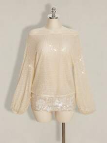 SHEIN ICON Y2K 女士沙滩度假外出 Coachella 俱乐部沙滩装串珠宽松镂空长袖衬衫，夏季 - 杏色 - 查看 8