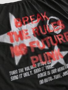 ROMWE Grunge Punk Plus Size Punk Pentagram Pattern Off Shoulder Loose Casual T-Shirt - Black - View 3