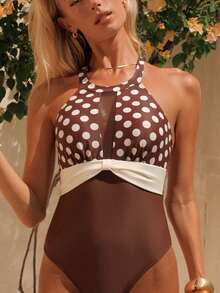 Swim Chiccia Áo tắm liền thân cổ yếm thời trang in họa tiết chấm bi dành cho nữ - Nhiều màu - Xem 7