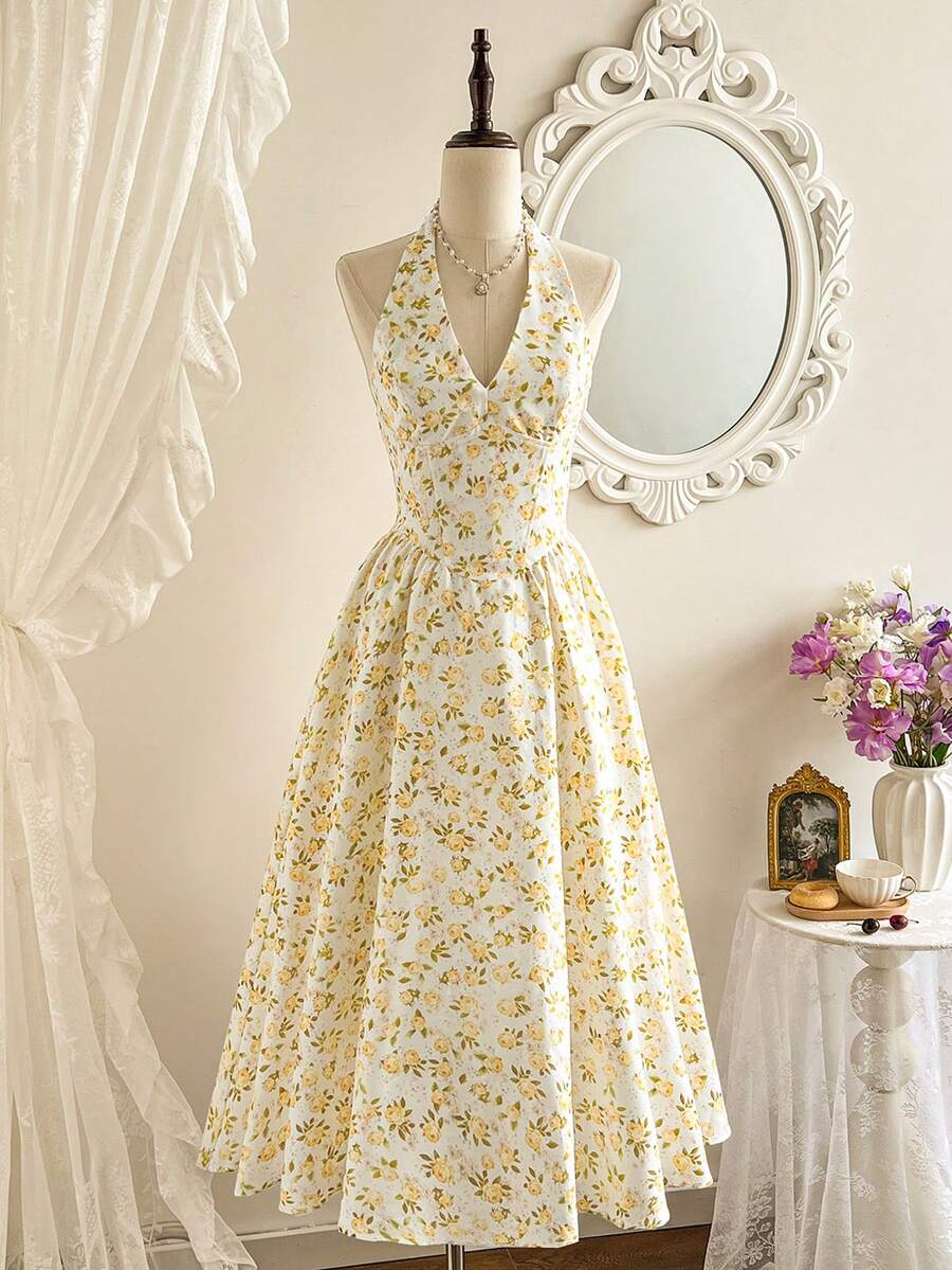 Vintamour Đầm nữ cổ điển thanh lịch, đầm nữ dáng ôm cổ yếm in hoa mùa xuân/hè, đầm hoa màu vàng dáng xòe. - Vàng nhạt - Xem 1