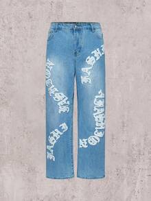 Skyrend 男士字母印花破洞直筒牛仔裤，休闲街头风格，emo 风格 - 中等水洗藍 - 查看 2