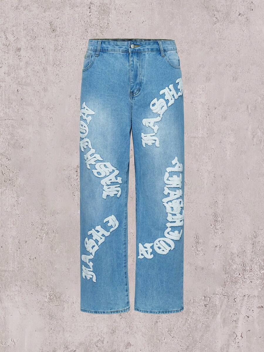 Skyrend 男士字母印花破洞直筒牛仔裤，休闲街头风格，emo 风格