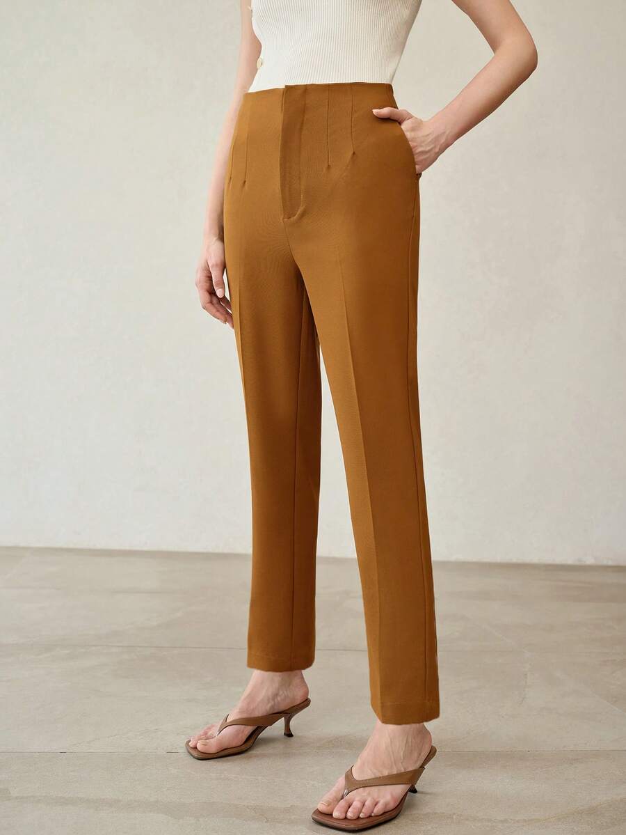 MOTF PREMIUM WOMEN'S SOLID COLOR SEAM FRONT WOVEN SLIM FIT SUIT PANTS - Mocha Brown - View 2