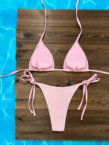Swim Mod Bộ bikini 2 mảnh màu xanh trắng sọc nhăn mới, dây mảnh, kiểu xoắn bên hông, cạp cao dành cho nữ, thích hợp đi biển và nghỉ dưỡng, bộ bikini mùa hè màu hồng dành cho nữ, bikini sọc 2 mảnh, bộ bikini màu hồng buộc dây bên hông. - Hồng - Xem 2