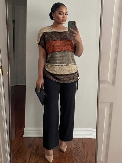 SHEIN Lady CURVE Maillard 秋日微风休闲简约棕色条纹图案加大码两件套，适合秋冬季和新年穿着