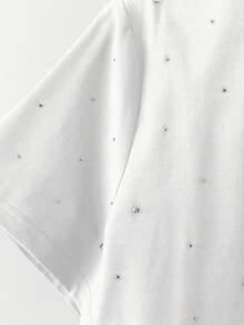 GlowEve CURVE Plus Size Women's Casual Elegant Solid Color Rhinestone Decor Round Neck Short Sleeve T-Shirt, Suitable For Daily Wear Tea Party White Summer - White - View 5