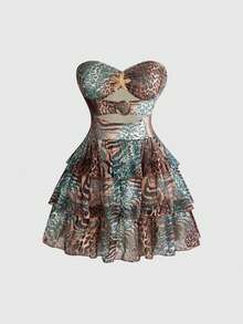 ROMWE Goth Vestido Estampado Animal de Estilo Boêmio, Plus Size, Sem Alças, Recorte Vazado, Decoração de Estrela de Metal, Bainha Multicamadas, Verão - Multicolorido - Visão 1
