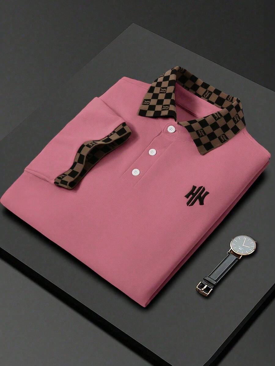 Manfinity Mode Men's Casual Checkerboard Patchwork Short Sleeve Polo Shirt, Summer Golf Shirt For Men Shirts For Men Graphic Polo For Men Designer Shirts Customised Shirt - Coral Pink - View 1