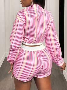 SHEIN BamGlam 女士条纹印花纽扣长袖上衣和打结短裤休闲两件套 - 彩色 - 查看 2