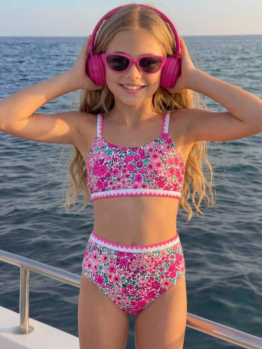 少女碎花比基尼套装，两件式泳衣，甜美时尚风格，适合各种场合，春夏款 - 紫羅蘭色 - 查看 1