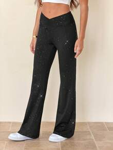 SHEIN Tall Fashionable Cross Waist Shiny Flared Pants - Black - View 3