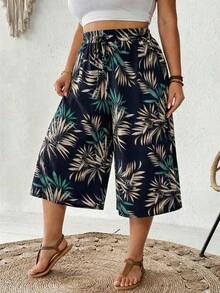 SHEIN CURVE+ Plus Size Elastic Waist Wide Leg Capri Pants Beach Outfits For Woman Plus Size - Multicolor - View 7