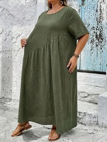 SHEIN CURVE+ Curve 尺码 US22 音乐节、海滨度假、波西米亚风女士纯色圆领短袖褶皱宽松休闲连衣裙 - 綠色 - 查看 5