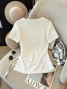 Franclia Áo thun nữ thanh lịch, áo thun tối giản, áo thun họa tiết hoa có kết cấu, áo thun vải rỗng, áo thun xếp ly có dây rút, áo thun nơ, áo thun ôm dáng, áo thun đa năng thường ngày, áo thun đi làm hàng ngày, áo thun mùa xuân/hè. - trắng - Xem 2