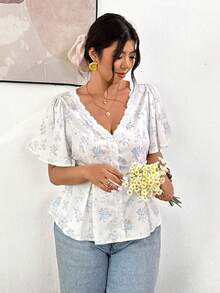 Lounesse Áo sơ mi nữ cỡ lớn cổ chữ V in hoa, kiểu dáng thường ngày đa năng. - Màu xanh lam - Xem 3