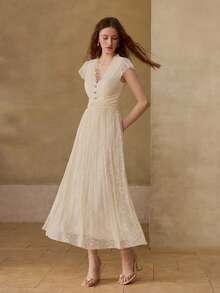 MOTF PREMIUM 女士春夏蕾丝褶皱派对晚宴婚礼鸡尾酒会礼服 - 杏色 - 查看 7