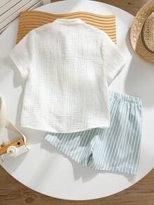 SHEIN Young Boy Solid Color Button-Front Short Sleeve Shirt And Striped Print Shorts Set - Multicolor - View 3