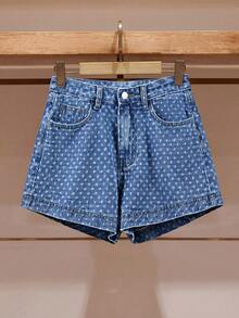 GlowEve Quần short denim nữ dáng suông có bèo nhún - Màu xanh lam - Xem 2