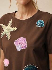 Anewsta Áo thun nữ tay ngắn cổ tròn đính sequin và hạt cườm kiểu dáng thường ngày - Cà phê nâu - Xem 2