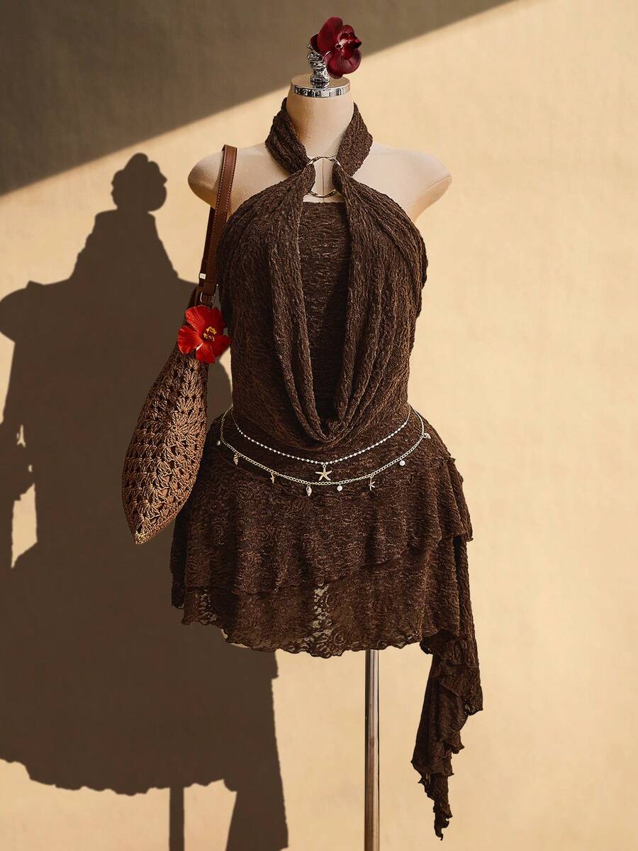 SHEIN ICON Ensemble 2 pièces top tricoté dos nu style Y2K et jupe à volants à ourlet irrégulier, convient pour les vacances d'été, les festivals de musique, les sorties en amoureux, style bohème chic - Tabac - Voir 1