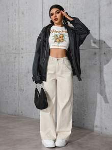 SHEIN PETITE Jeans rectos y sueltos de color liso clásico informal - Albaricoque - Ver 7