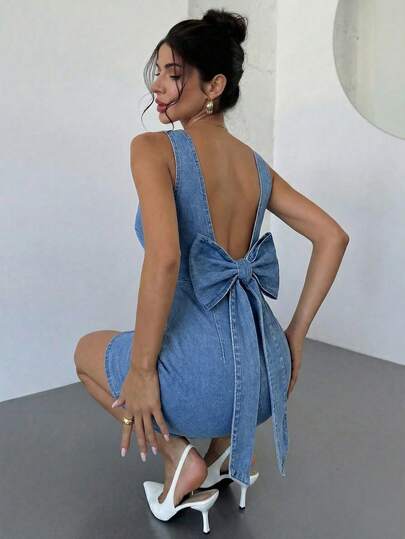 Firerie Đầm denim không tay nữ với nơ trang trí phía sau, trang phục mùa hè, lễ hội, đi làm, nghỉ mát, tốt nghiệp, phong cách Y2K, dễ thương, thời trang đường phố, quyến rũ, dự tiệc, đám cưới, thanh lịch, công sở, thường ngày, nữ công sở, đi biển, tốt nghiệp, thường ngày, đầm denim xanh nữ cổ chữ V, chi tiết nơ nổi bật phía sau, đầm ngắn mùa hè dễ thương
