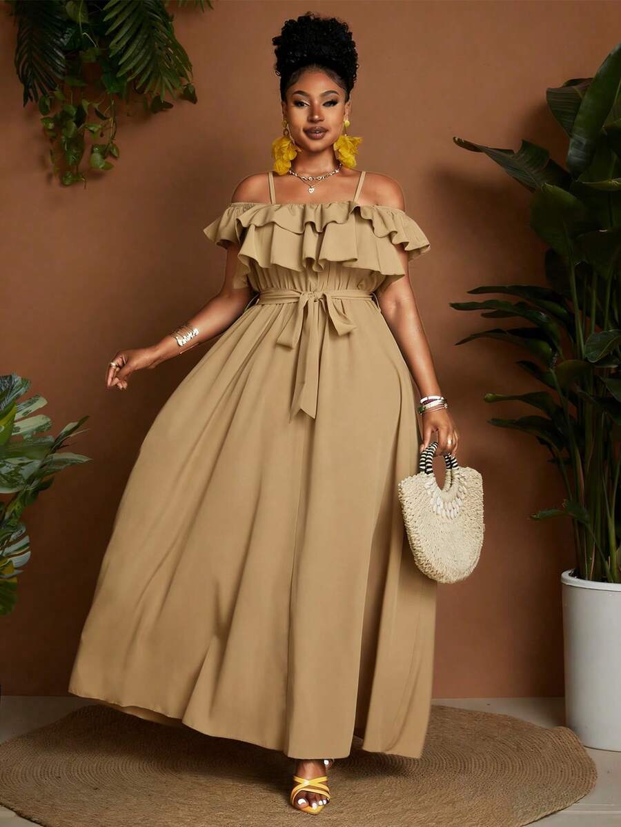 Plus Size Elegant Ruffle Off-Shoulder Cinched Waist Dress For Summer - Khaki - View 1