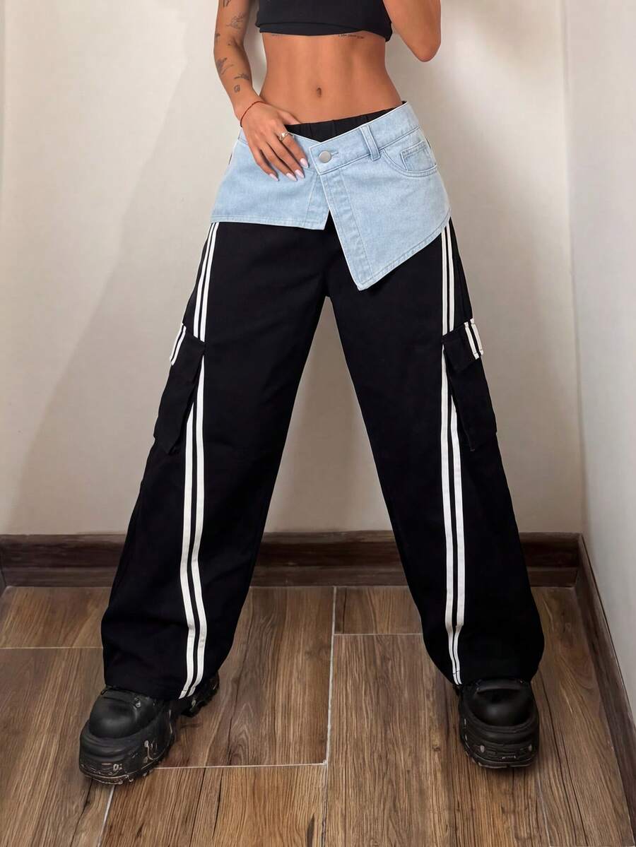 StreetHx Jeans di Denim Donna con Patchwork e Righe a Contrasto - nero - Visualizzare 1
