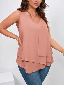 SHEIN Clasi Plus Size Women Solid Color Ruffle Hem Sleeveless Casual Shirt - Pink - View 4