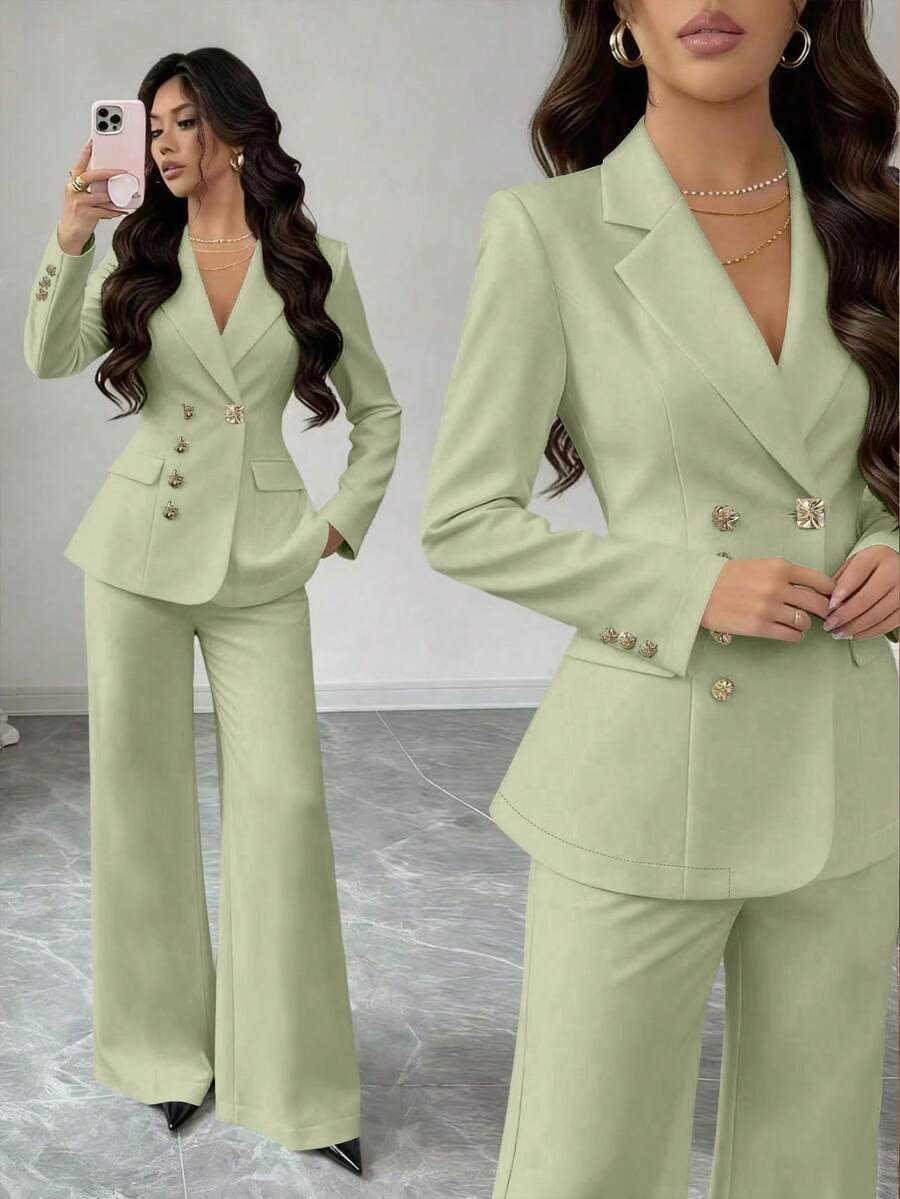 Rafferiza Minimalist French Style Solid Color Asymmetric Buckle Decor Fitted Business Suit For Women - Green - View 1