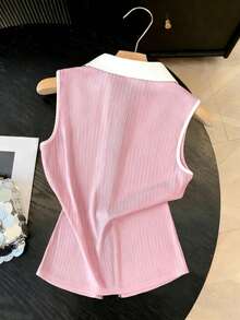 Áo vest nữ kiểu dáng thường ngày, thêu họa tiết hiệp sĩ, cài một hàng khuy. - Hồng - Xem 2
