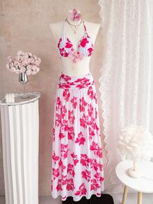 SHEIN Glamour 3件套春假随机印花露背性感优雅比基尼套装，配3D立体花卉配饰和长款网纱沙滩裙，女士泳装 - 彩色 - 查看 1