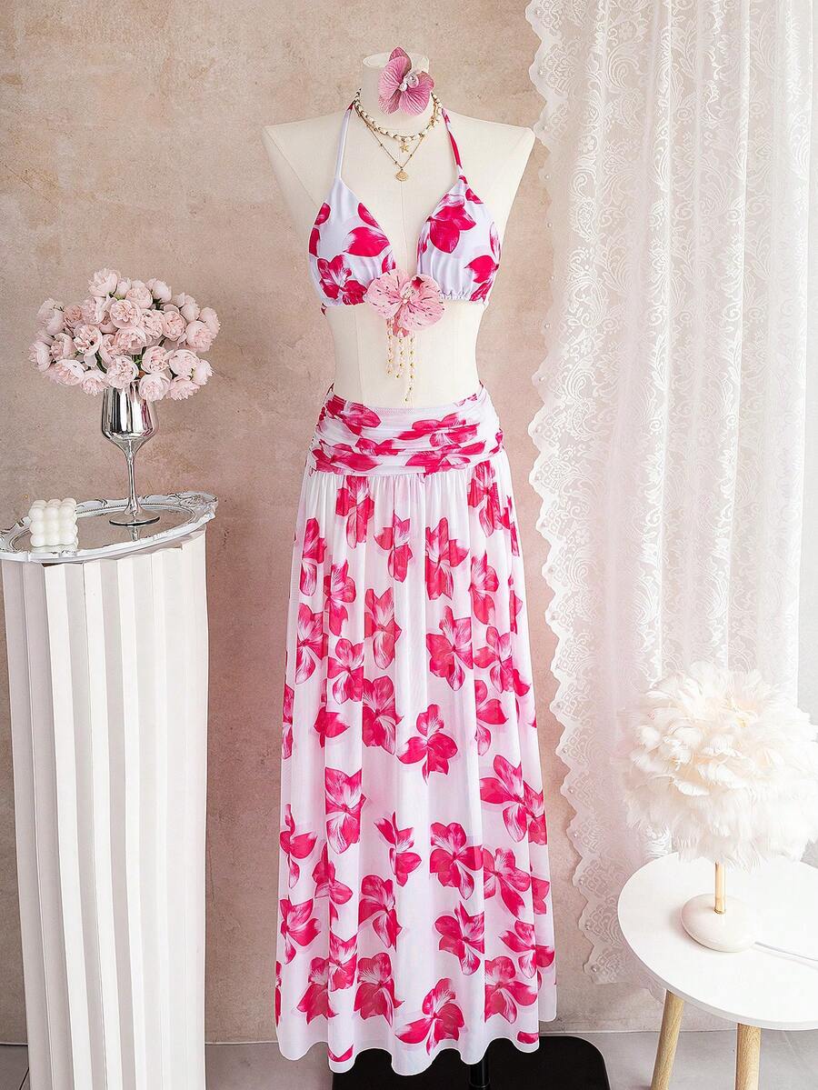 SHEIN Glamour 3件套春假随机印花露背性感优雅比基尼套装，配3D立体花卉配饰和长款网纱沙滩裙，女士泳装 - 彩色 - 查看 1