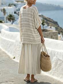 Louniche 女士夏季休闲亚麻质感条纹印花高腰A字裙 - 彩色 - 查看 2