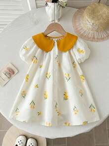 SHEIN LMoss Kids 女婴碎花褶皱领连衣裙 - 黃色 - 查看 3