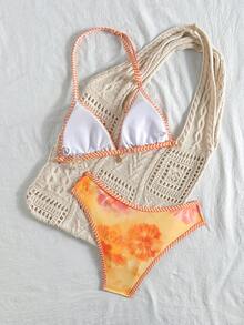 SHEIN Ensemble de maillot de bain à col ras-du-cou avec imprimé floral orange pour adolescentes, idéal pour les vacances à la plage en été - Orange - Voir 2