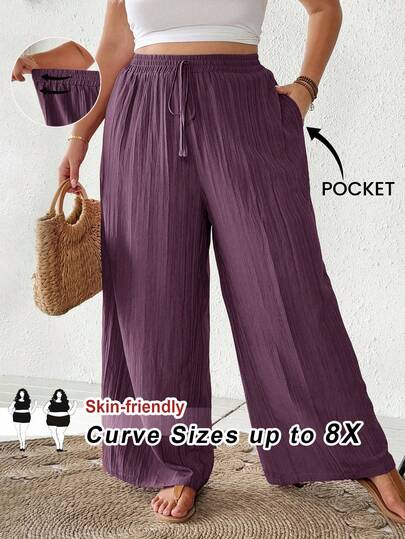 SHEIN CURVE+ Plus Size Women's New Spring/Summer Business Casual Beach Outfit, Fashionable Commuter Elegant Purple Lotus Root Pink Wide Leg Pants With Pockets, Beach Holiday Attire