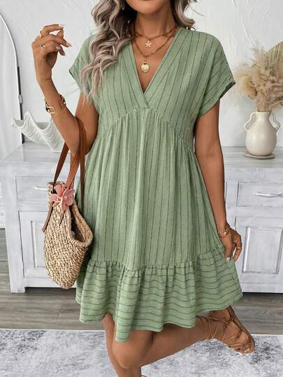Easowa Women's Striped V-Neck Ruched Casual Party & Travel Mini Dress,Summer Dresses For Women