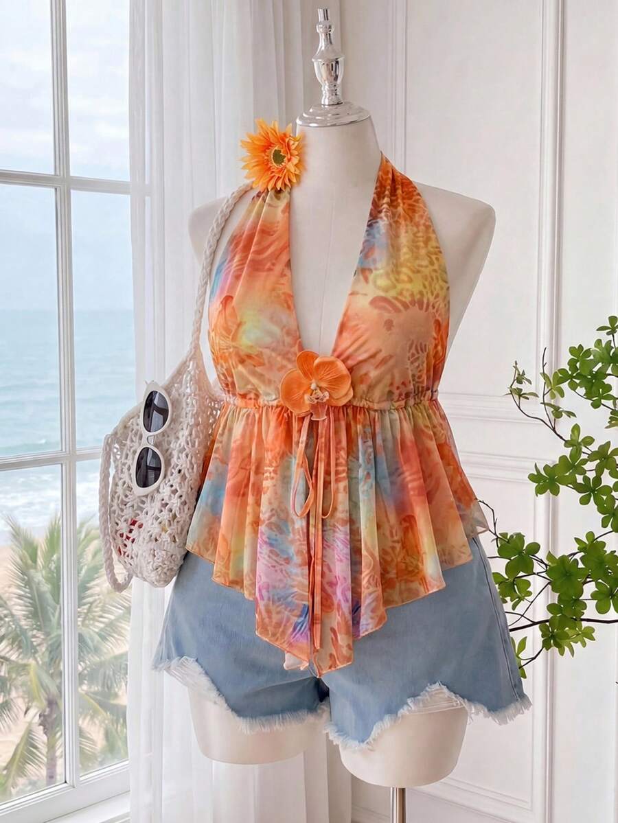 Comfortcana Áo hai dây dáng suông cỡ lớn họa tiết da báo và hoa, cổ buộc nơ, viền bèo nhún, thích hợp cho kỳ nghỉ, mùa xuân/hè. - Nhiều màu - Xem 1