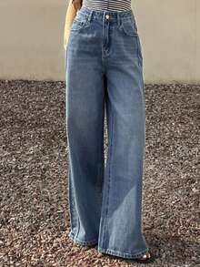 Livesso 女士休闲日常口袋纽扣牛仔裤 - 藍色 - 查看 5