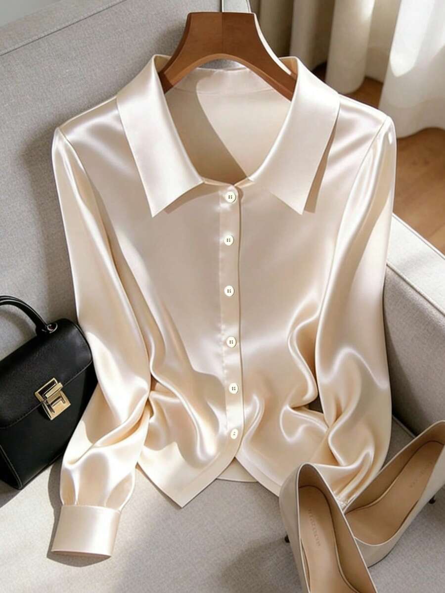 Franclia Women's Minimalist Solid Color Glossy Button Long Sleeve Shirt, Autumn - Apricot - View 1