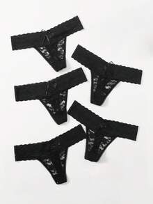 Seduluxe 5pack Scallop Trim Lace Thong Set, Sexy Lingerie - Black - View 1