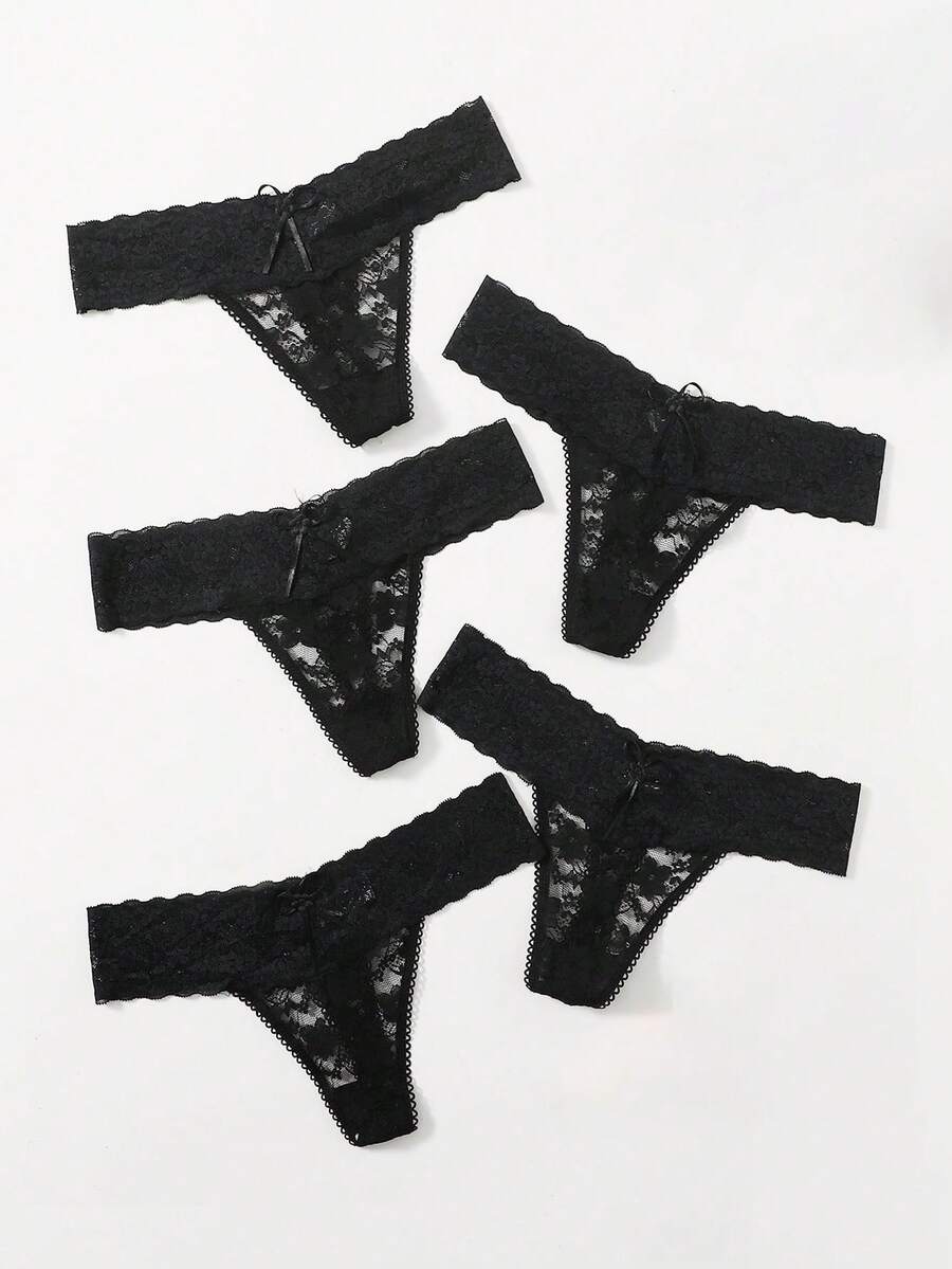 Seduluxe 5pack Scallop Trim Lace Thong Set, Sexy Lingerie - Black - View 1