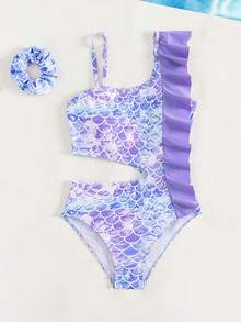 SHEIN Tween Girl Fish Scales Print Ruffle Trim Cut Out One Piece Swimsuit - Multicolor - View 6
